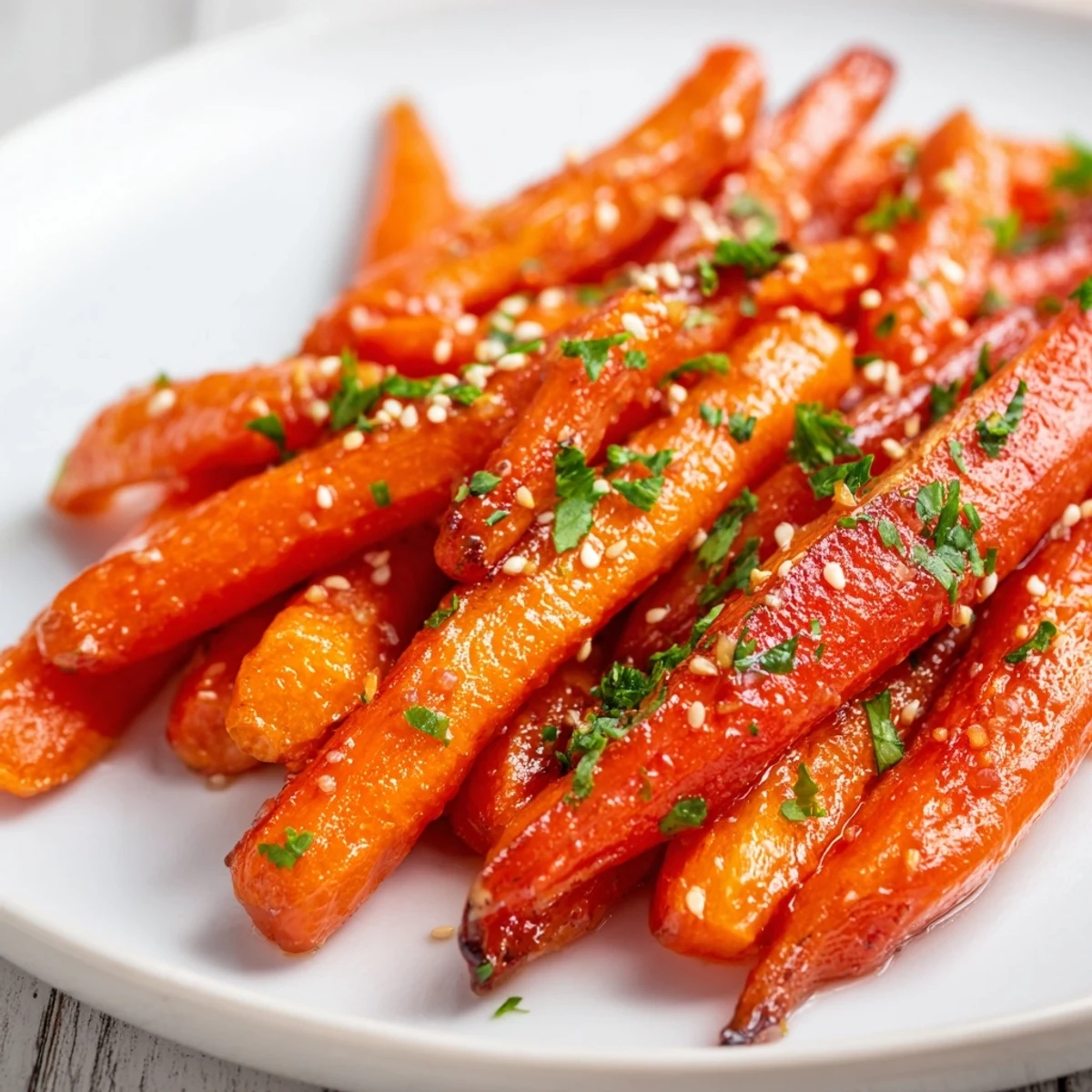 Savory honey-glazed roasted carrots, tender and glossy, served warm from the oven.  