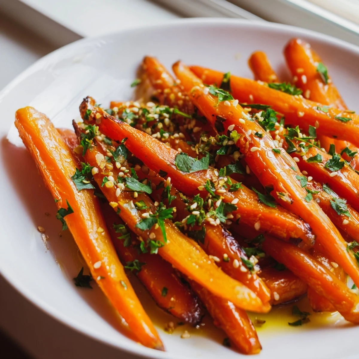 Roasted carrots with honey glaze, garnished with sesame seeds for extra crunch.