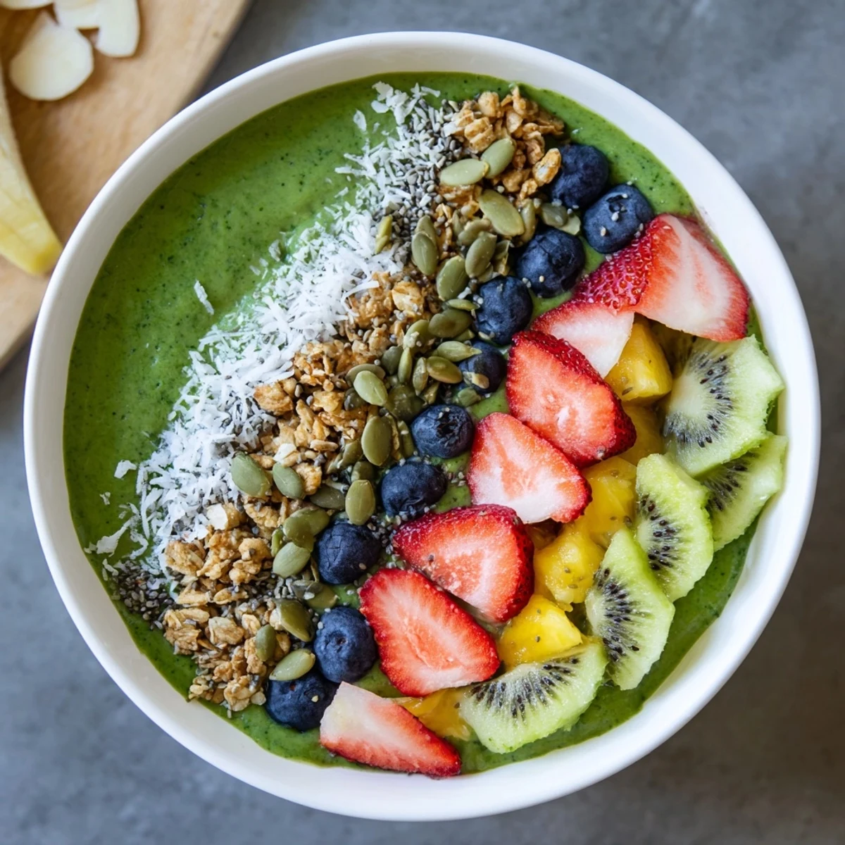 Un bol vert frais rempli de smoothie à base de greens, garni de fruits tropicaux et de toppings croquants pour le petit-déjeuner.