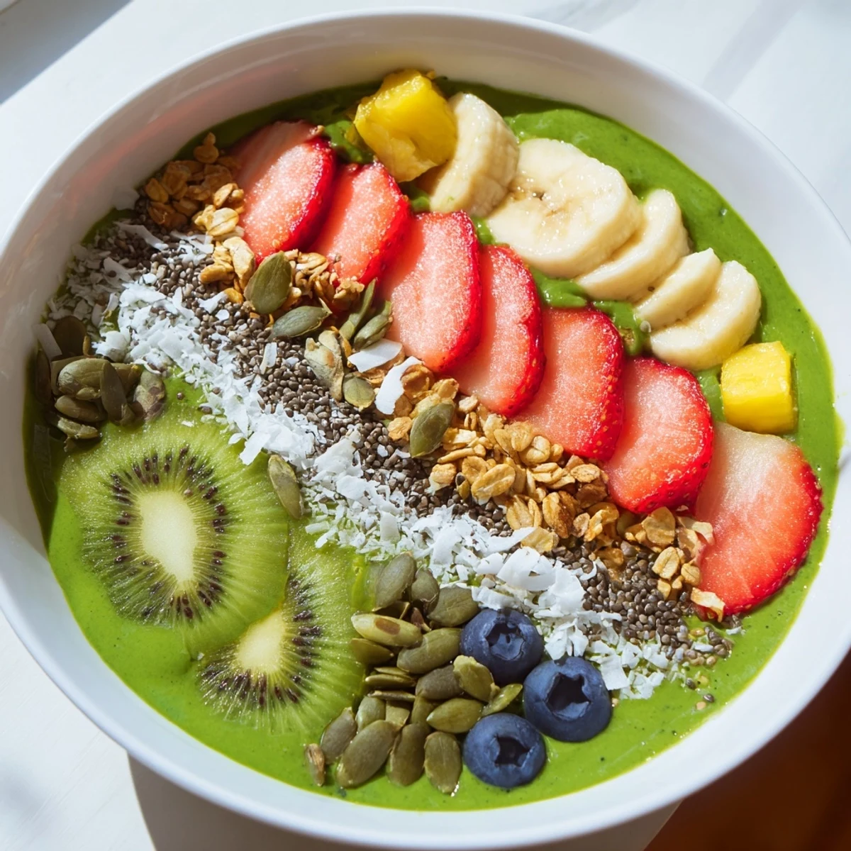 Gros plan sur un bol de smoothie vert avec garniture colorée, des fruits frais et une texture onctueuse.