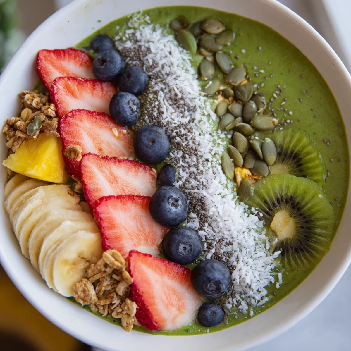 Un smoothie bowl vert vibrant paré de toppings croquants, idéal pour un repas sain et rafraîchissant.