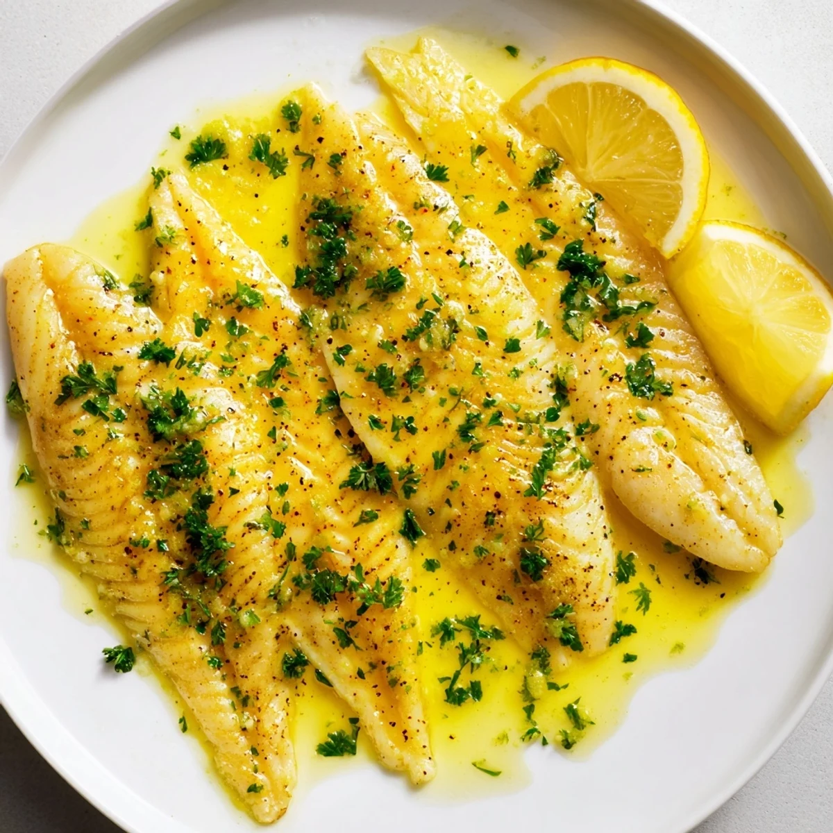 Golden baked tilapia fillets with a glistening lemon butter sauce, garnished with fresh parsley and lemon wedges on a rustic plate.