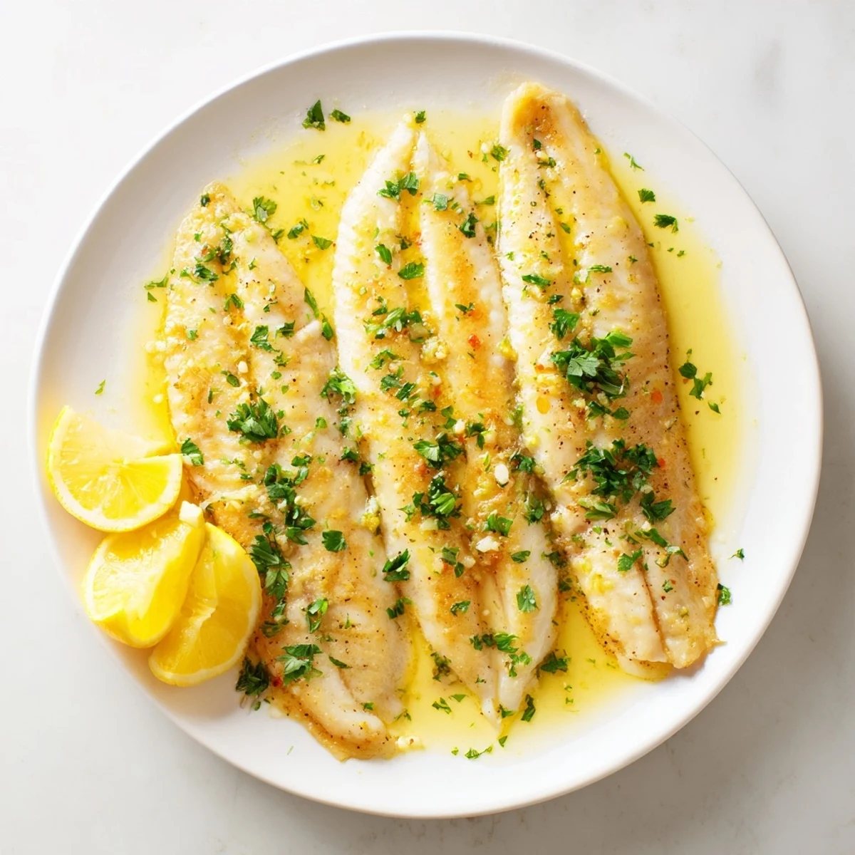 Flaky, tender Baked Tilapia with Lemon Butter served alongside steamed vegetables and roasted potatoes for a healthy weeknight meal.
