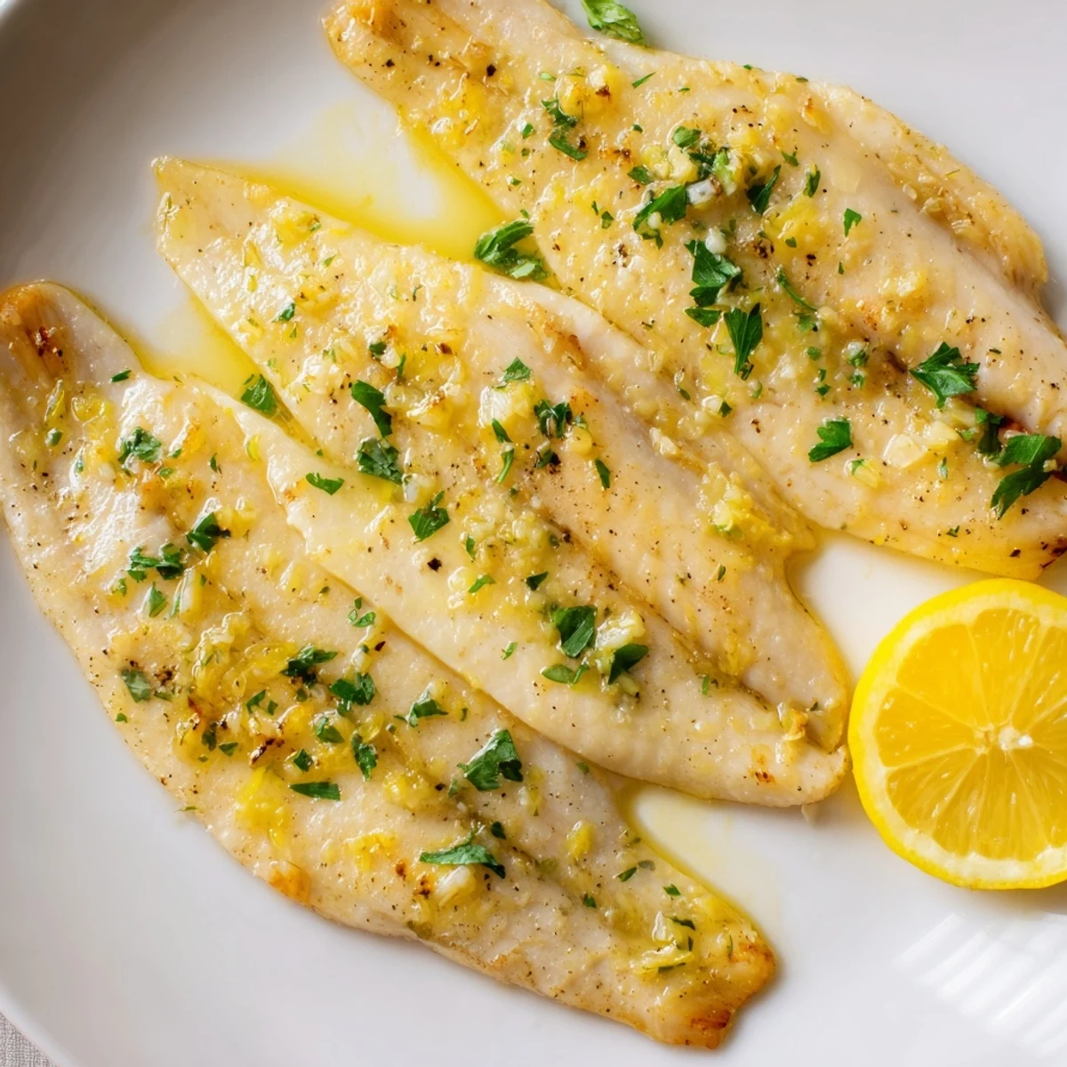 Close-up of Baked Tilapia with Lemon Butter, featuring a bright citrus glaze, minced garlic, and vibrant green parsley garnish.