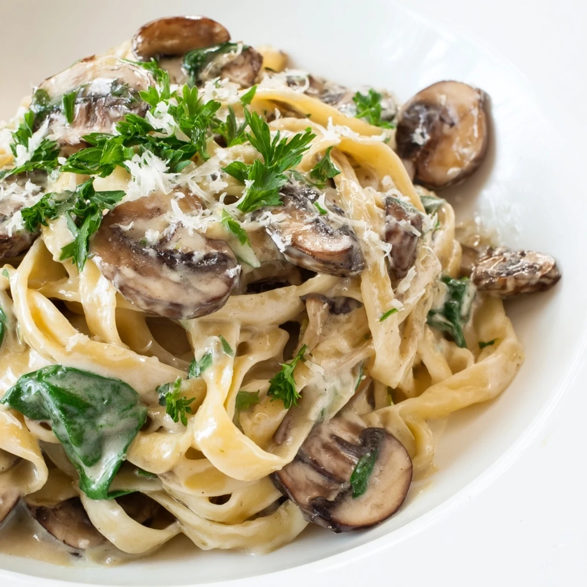 Plat principal Creamy Mushroom and Spinach Pasta servi chaud, garni de pâtes et de champignons dorés.