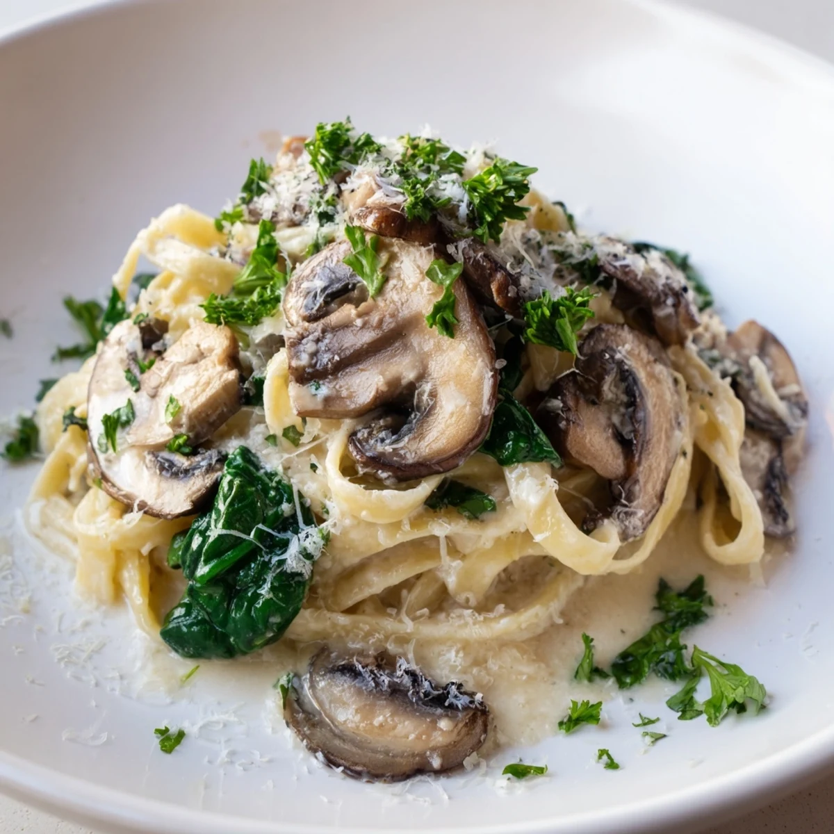 Présentation appétissante du Creamy Mushroom and Spinach Pasta, parfumé à l'ail et saupoudré de Parmesan.
