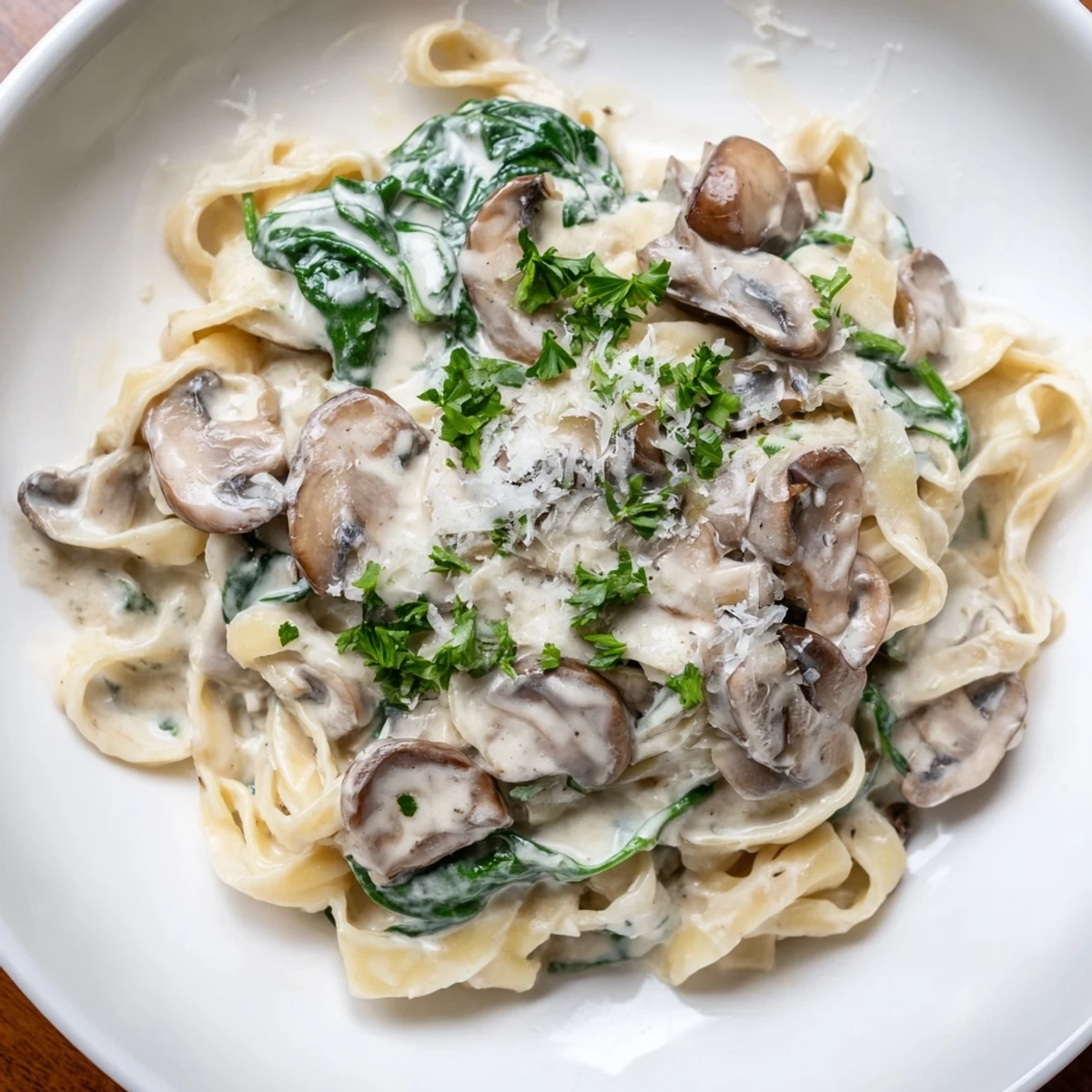 Creamy Mushroom and Spinach Pasta dans une assiette, avec des feuilles d'épinards vert vif et de la crème onctueuse.