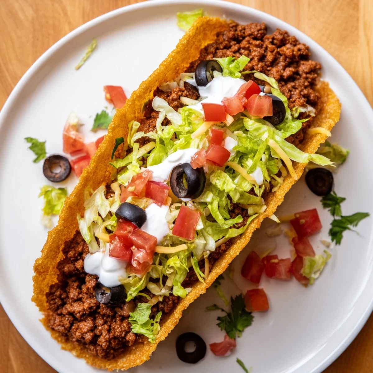 Crisp hard shells cradling savory beef, fresh toppings, and creamy cheese in a vibrant taco spread.