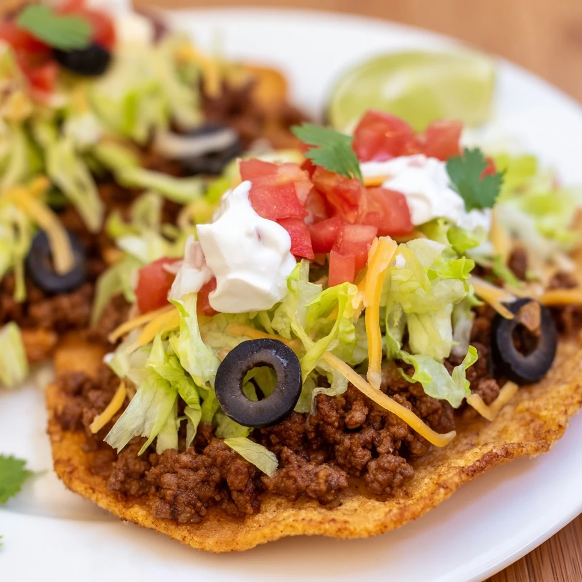 Fresh diced tomatoes, shredded lettuce, and melted cheddar top the beef tacos with hard shells.