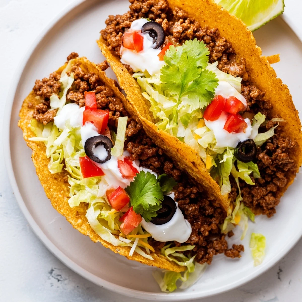 A close-up of golden beef tacos with hard shells, garnished with cilantro and lime wedges.