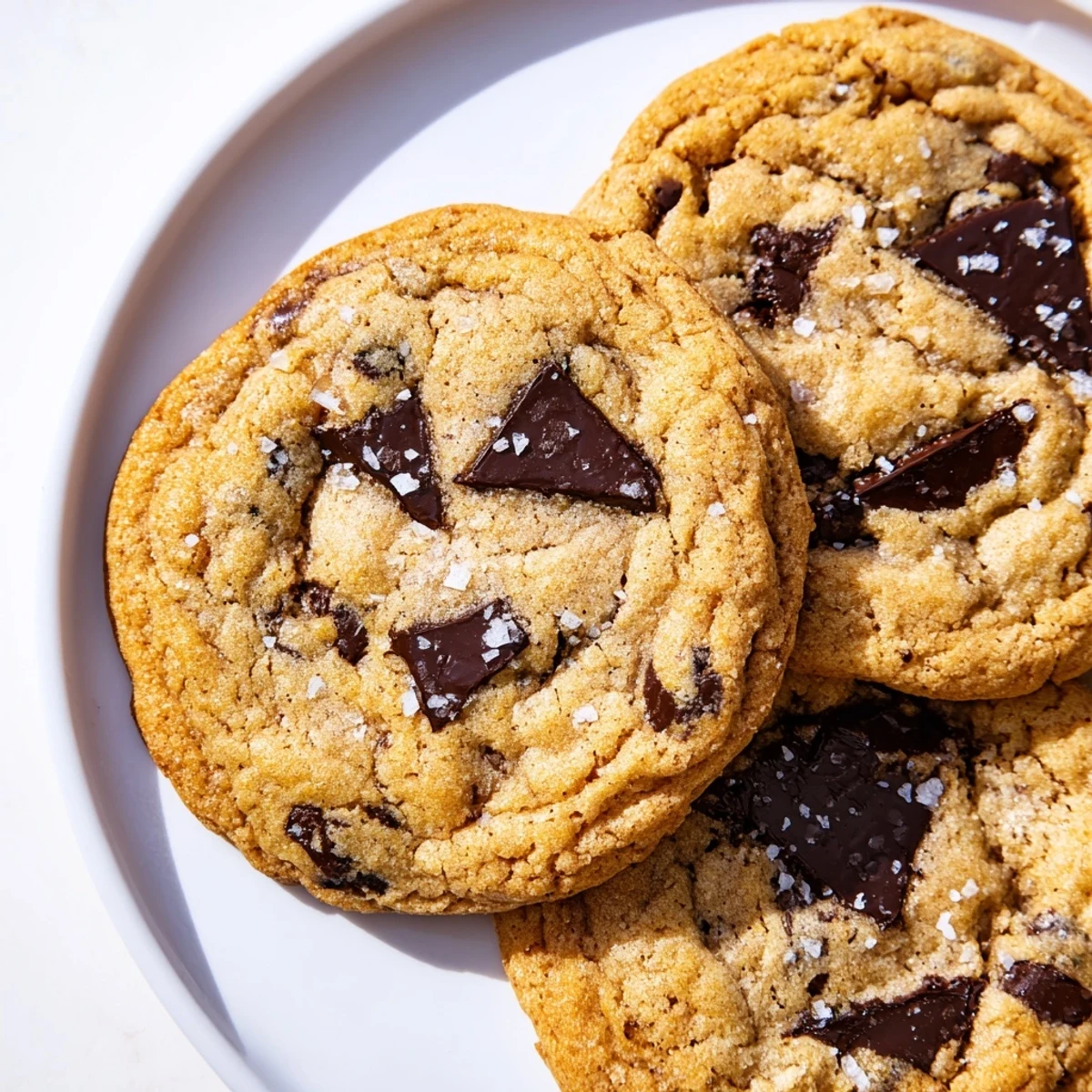 A warm stack of Chocolate Chip Cookies with Sea Salt is paired with a glass of milk on a rustic table.