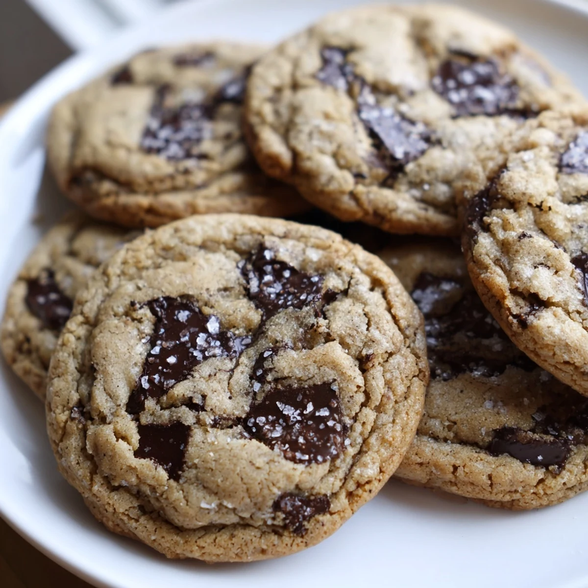 Freshly baked Chocolate Chip Cookies with Sea Salt sit on parchment paper, showing golden edges and gooey centers.