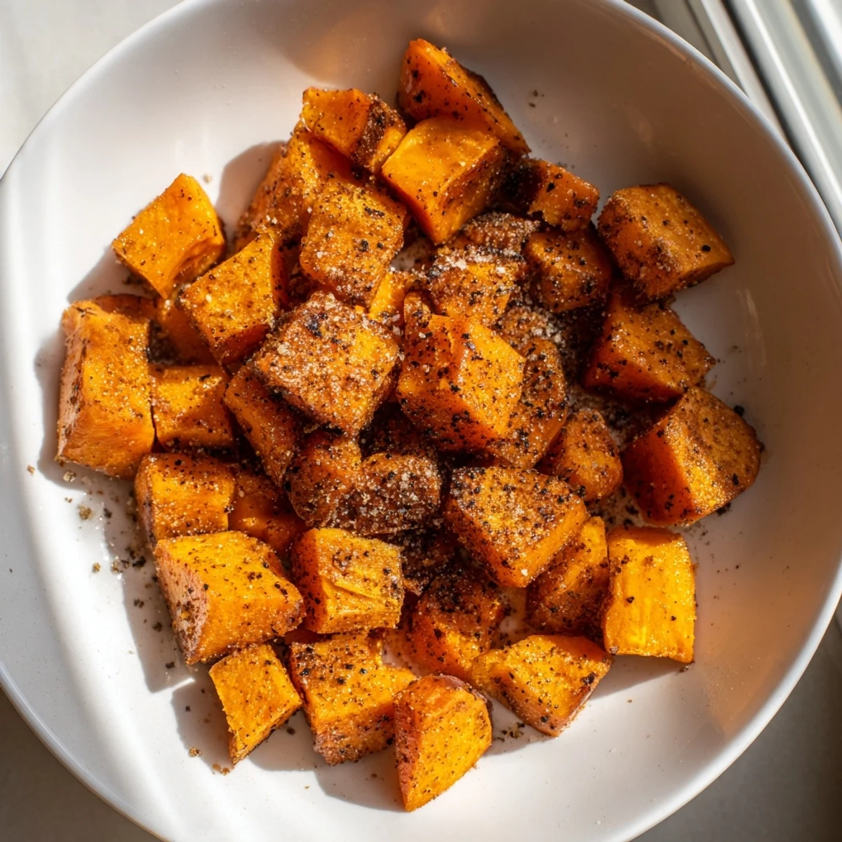 Cubes de patates douces caramélisées avec cannelle prêts à être dégustés.