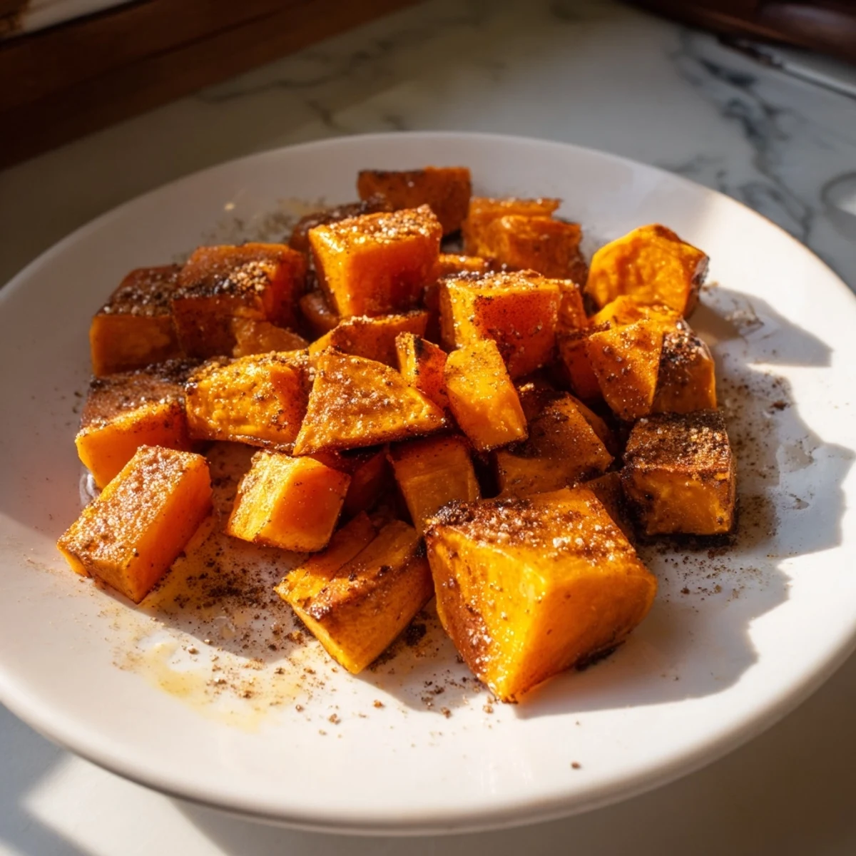 Des pommes de terre dorées avec cannelle garnissant une assiette en bois.