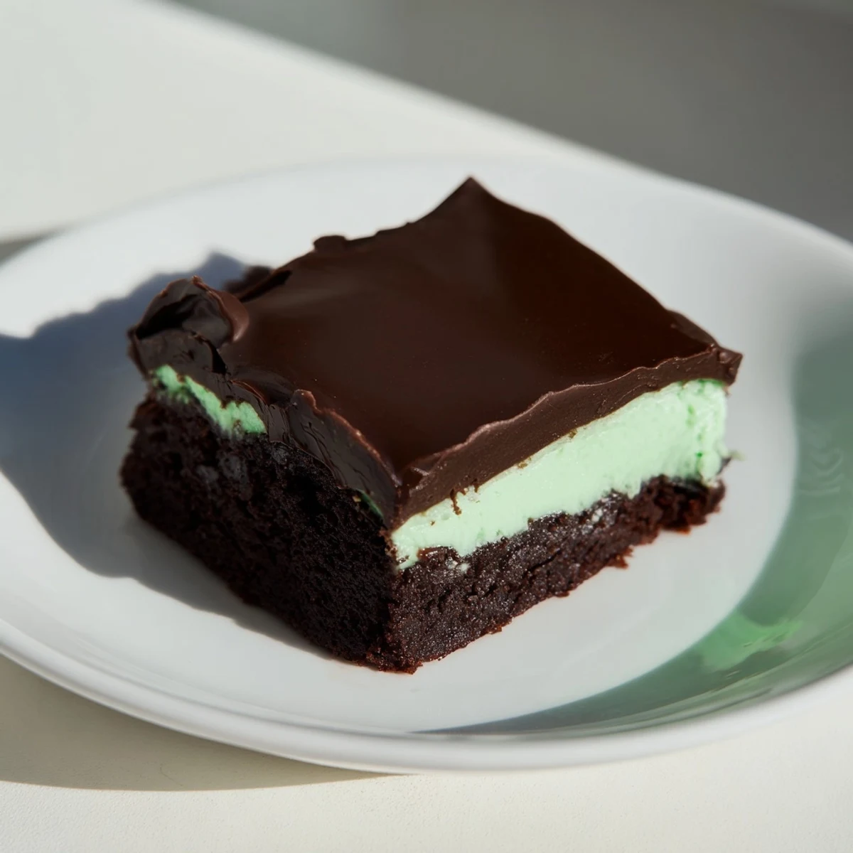 Un plat savoureux de Green Mint Brownies avec une couche crémeuse à la menthe et un glaçage au chocolat.