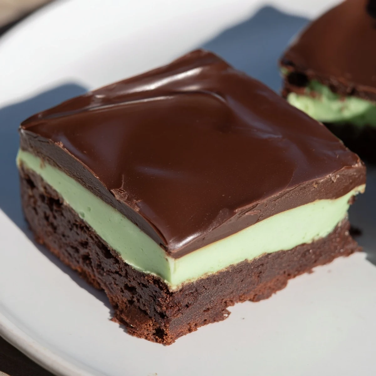 De délicieux Green Mint Brownies au chocolat, garnis d'une garniture à la menthe verte et nappés de ganache.