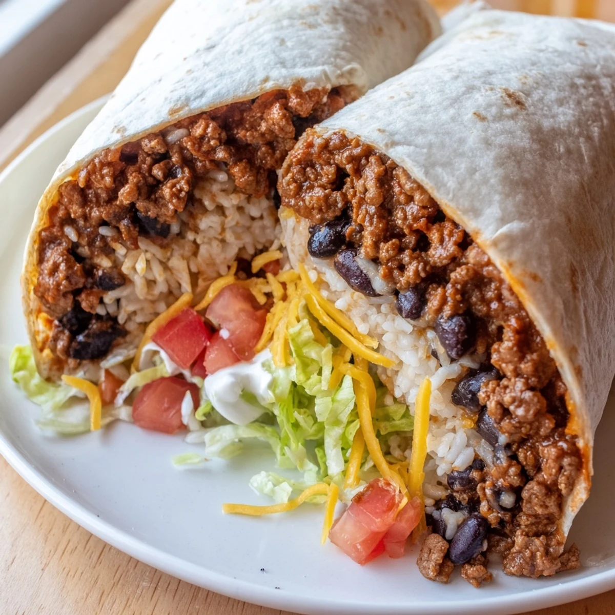 Un burrito au bœuf avec haricots et riz, garni de fromage fondu, de tomates fraîches et de coriandre, prêt à déguster.
