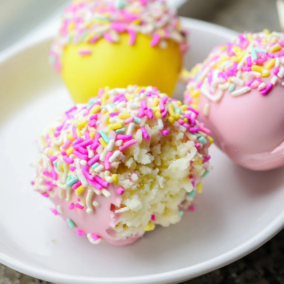 Deux œufs de Pâques colorés et lisses posés sur une assiette blanche, avec des bâtonnets de cake pops visible en bas.