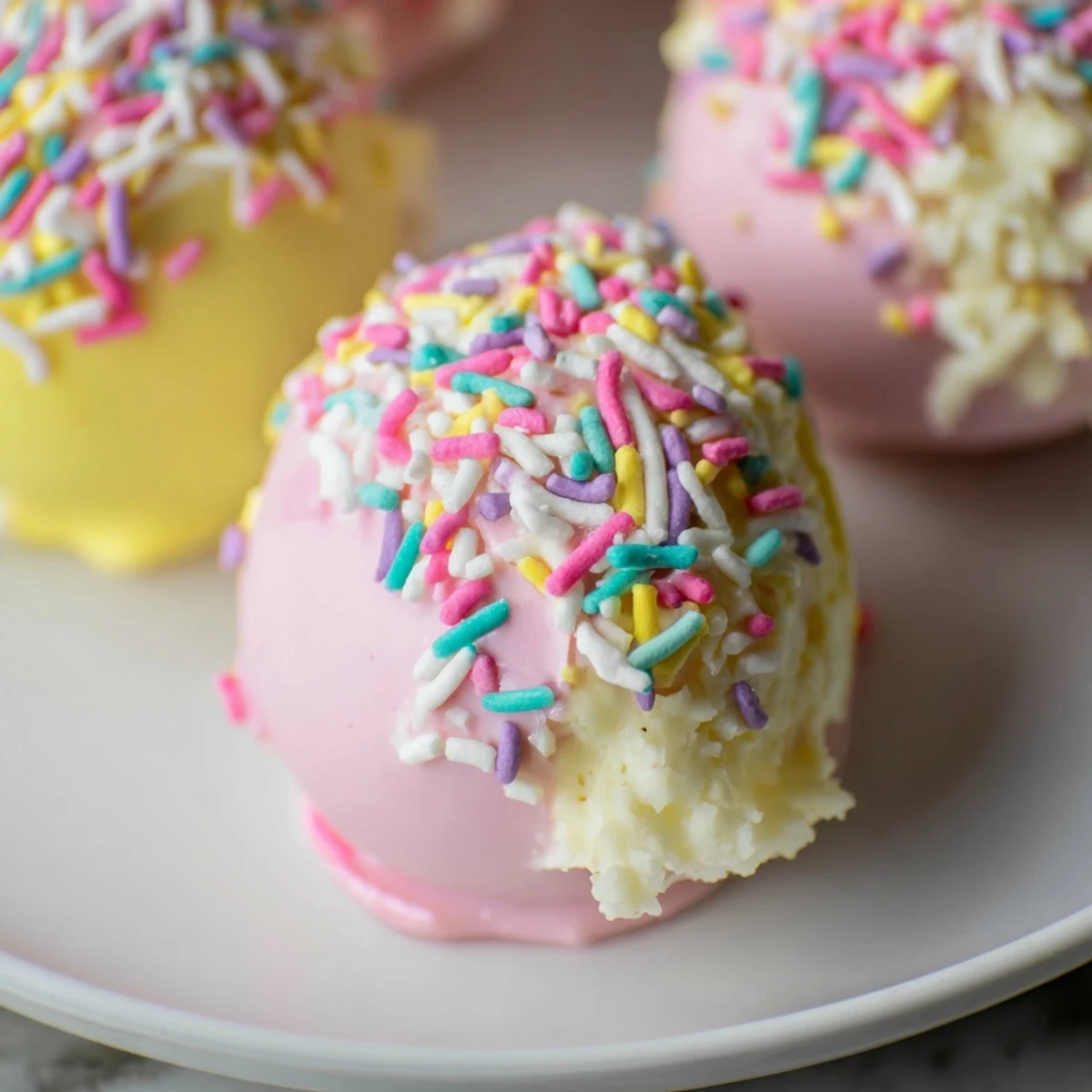 Un gros plan sur un cake pop en forme d'œuf de Pâques, enrobé de chocolat blanc coloré et décoré de sucre glace.