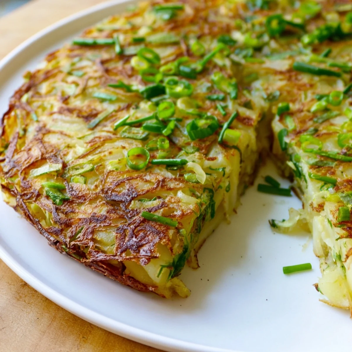 Un plat de Irish Potato Cakes with Scallions encore fumant, garni de ciboulettes fraîches et disposé dans une poêle à feu moyen.