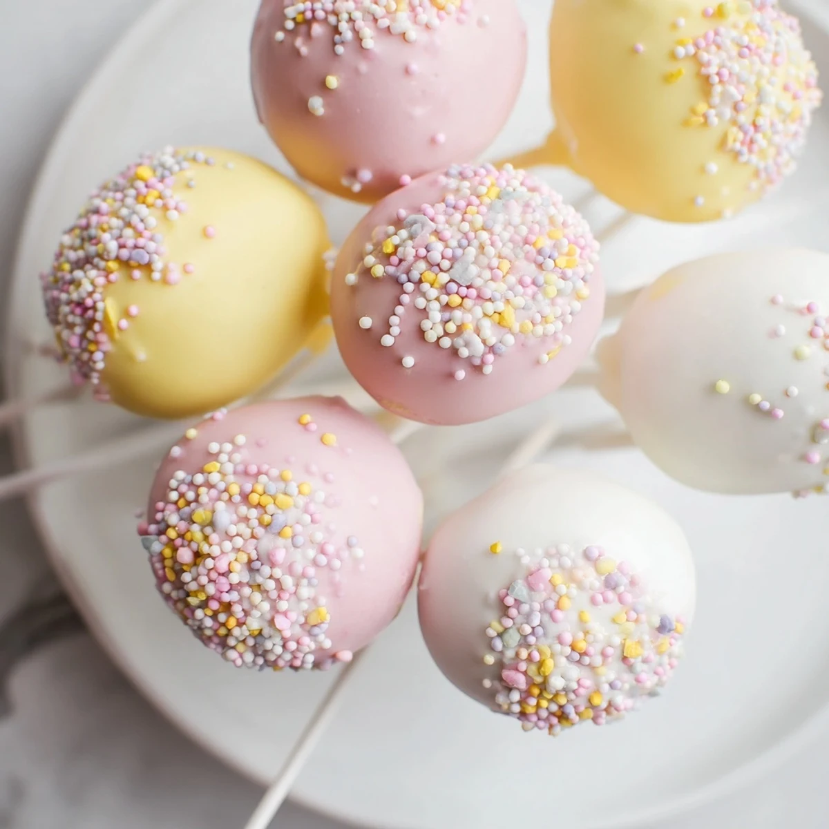 Easter Egg Cake Pops with Sprinkles displayed on a pastel platter, coated in smooth pink and blue chocolate with cheerful sprinkles, ideal for a spring dessert table.