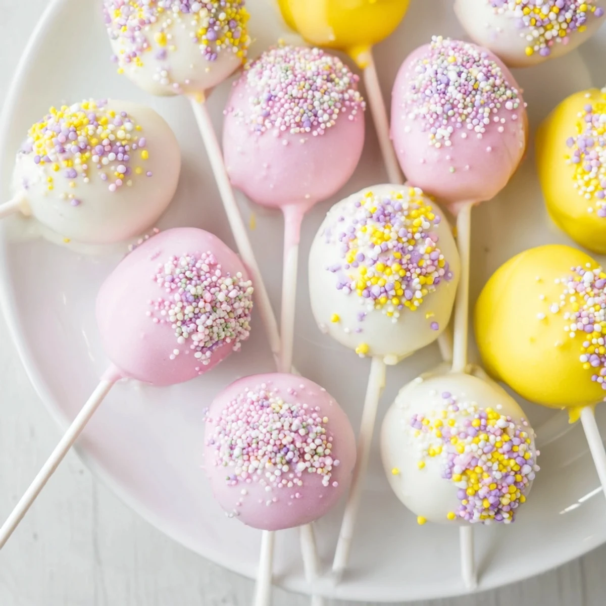 Close-up of Easter Egg Cake Pops with Sprinkles showing glossy candy coating and colorful sprinkles, set against a soft-focus spring party background for a festive look.