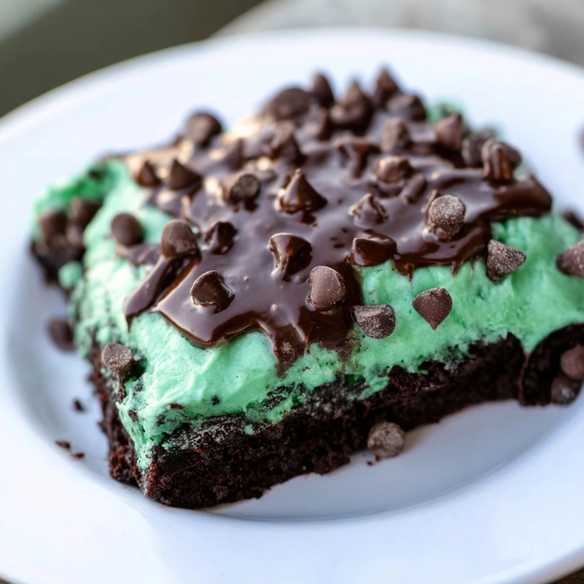 Green Mint Brownies with Chocolate Chips coupés en carrés, montrant une fine couche verte à la menthe et un glaçage au chocolat brillant.