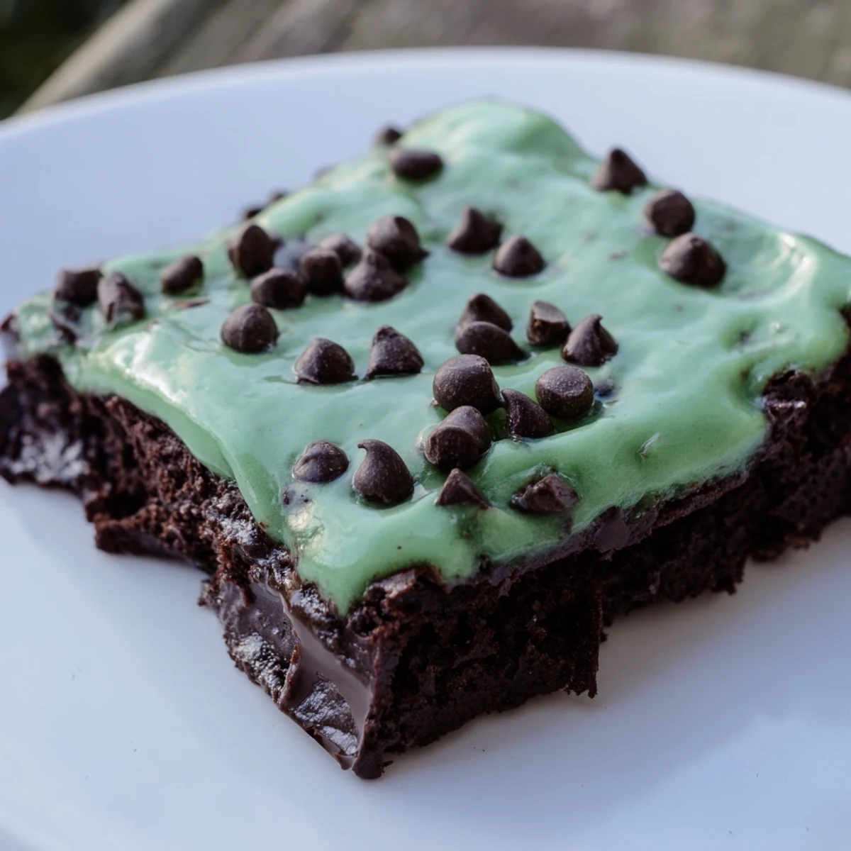 Des Green Mint Brownies with Chocolate Chips présentés sur une assiette blanche, parfaits pour un goûter rafraîchissant à la menthe.