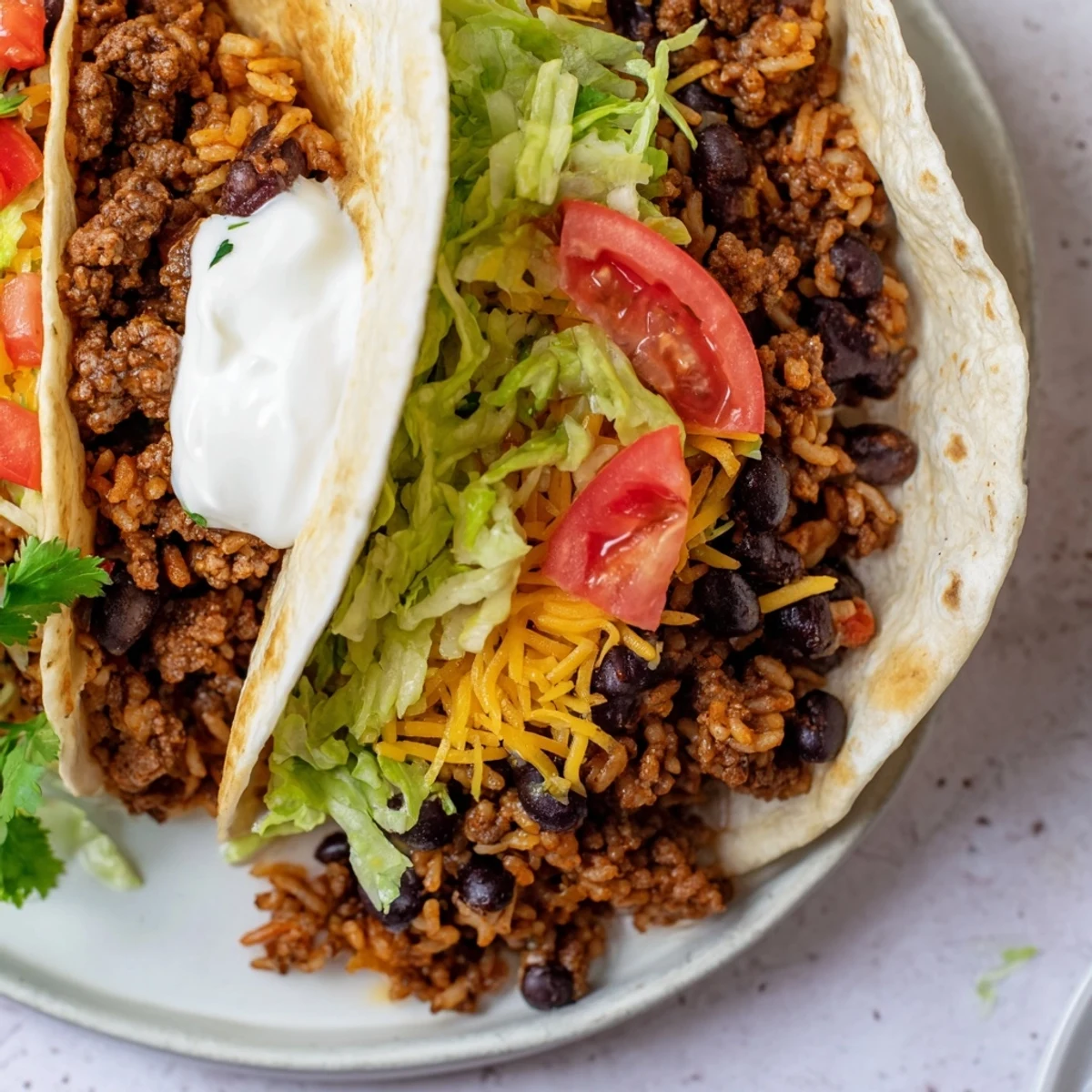 Un Beef Burrito with Beans and Mexican Rice est coupé en deux, montrant une garniture savoureuse de riz et haricots.