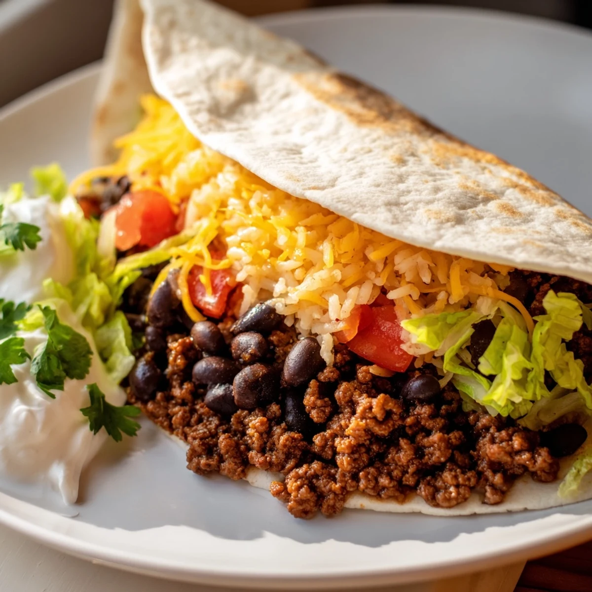 Sur une assiette rustique, un Beef Burrito with Beans and Mexican Rice est garni de légumes croquants et de fromage fondant.