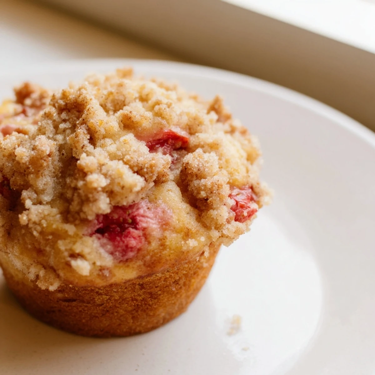 Des doux Strawberry Rhubarb Muffins with Streusel aux fraises rouges et rhubarbe juteuse, avec une croustillance de streusel à la cannelle.