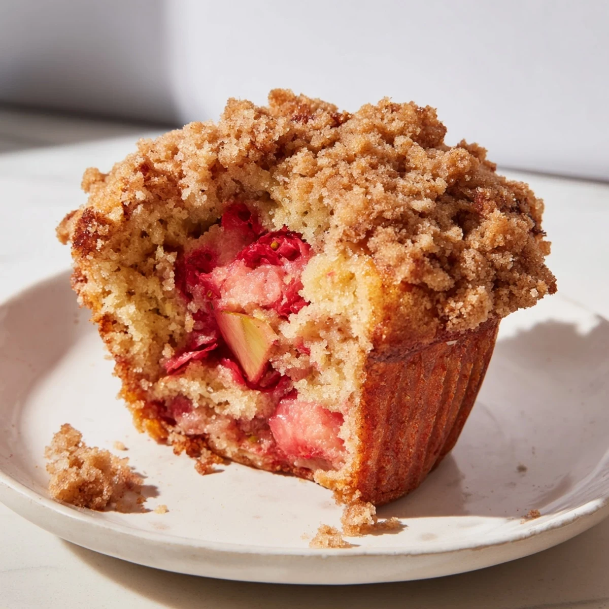 Un panier de Strawberry Rhubarb Muffins with Streusel dorés, au cœur moelleux et au parfum printanier, parfaits pour le petit-déjeuner.