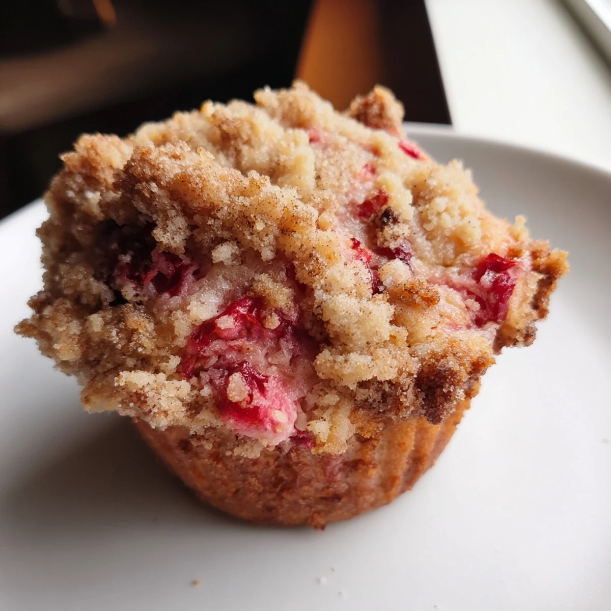 Des muffins tièdes Strawberry Rhubarb Muffins with Streusel, nappés d'un sucre cannellé croustillant, servis avec une tasse de café américain.