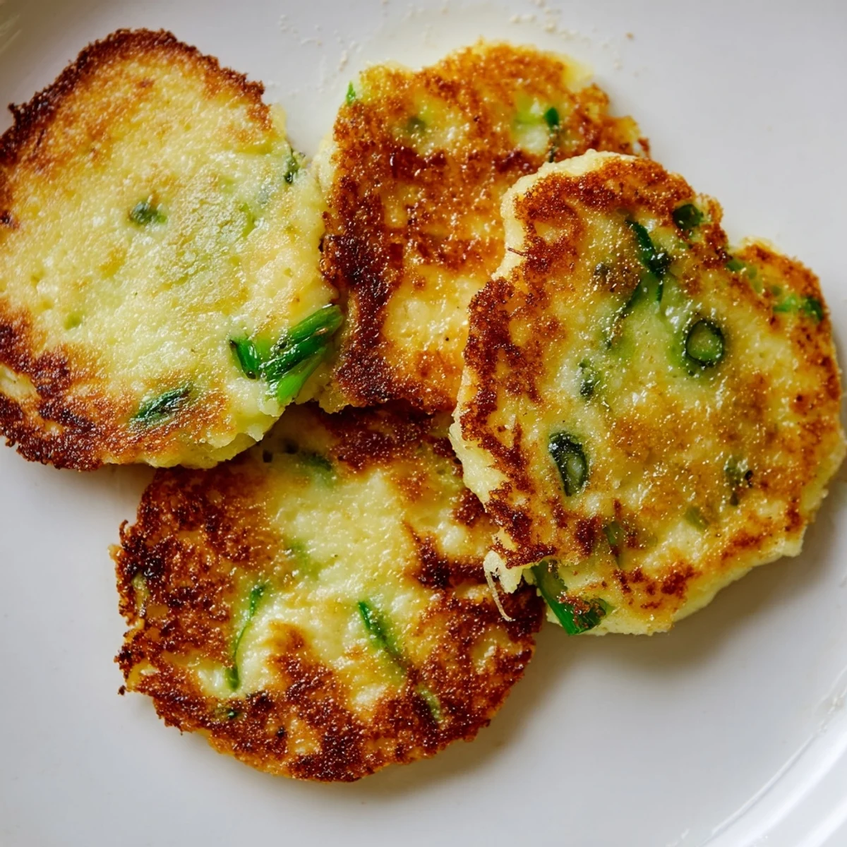Des Irish Potato Cakes with Scallions sur une assiette, dorées à point et garnies de fines herbes vertes.