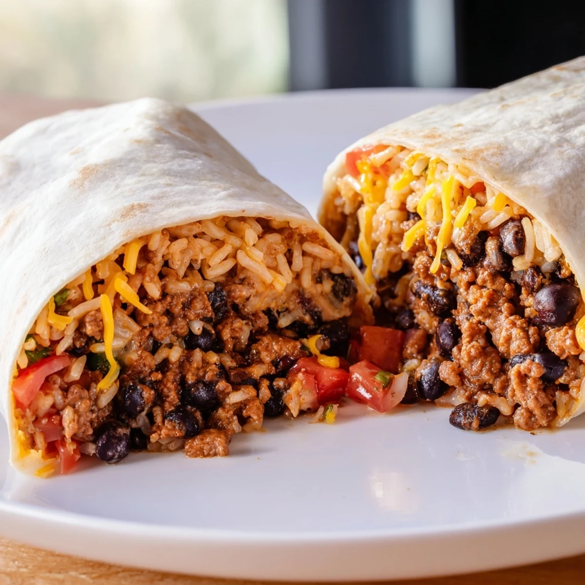 Un gros burrito au bœuf avec haricots noirs et riz mexicain, enveloppé dans une tortilla dorée et croustillante.
