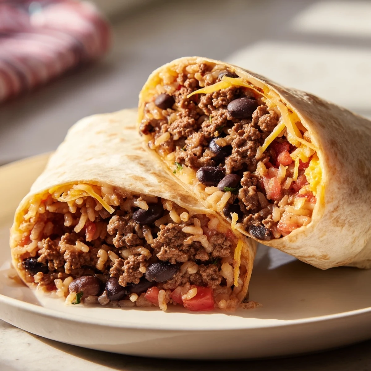 Un burrito au bœuf croustillant à la poêle, garni de riz mexicain savoureux et de haricots noirs, tenu à la main.