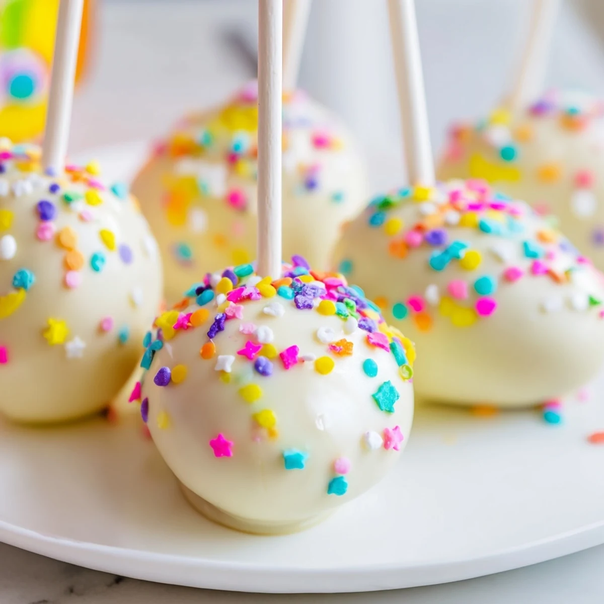 Easter Egg Cake Pops with Sprinkles on a pastel plate, chocolate-coated and topped with colorful sprinkles for spring.