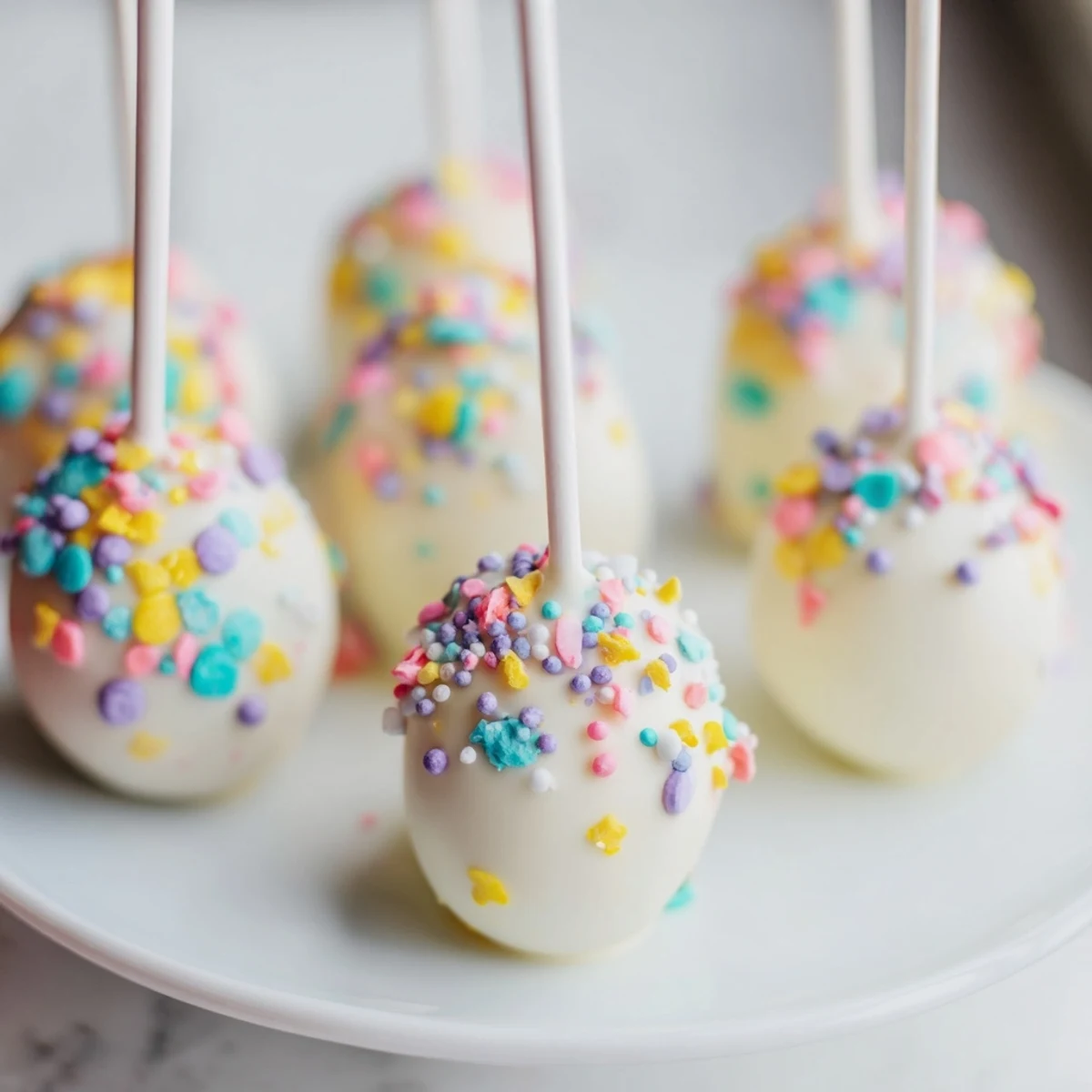 A close-up of Easter Egg Cake Pops with Sprinkles, glossy candy melt coating catching light on a festive serving tray.