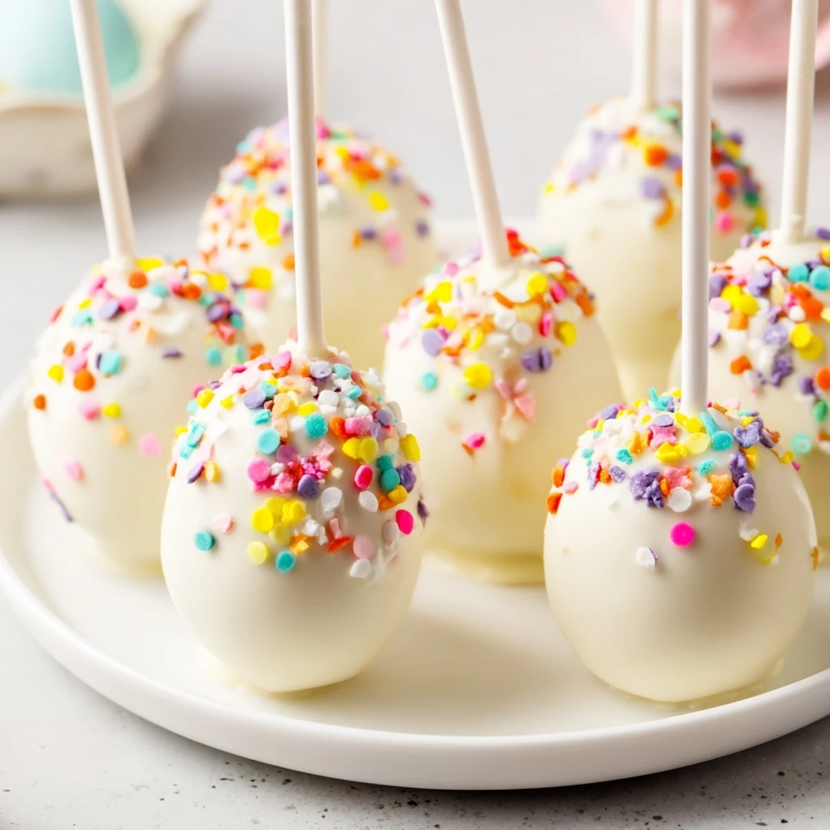 Hand holding an Easter Egg Cake Pop with Sprinkles, ready to serve at a bright kids' party table.