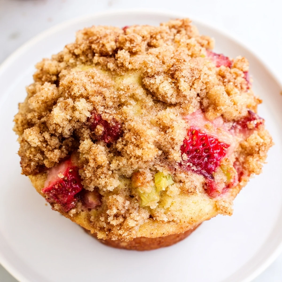 Des Strawberry Rhubarb Muffins with Streusel with a crunchy cinnamon topping on a rustic wooden table, ready to enjoy.