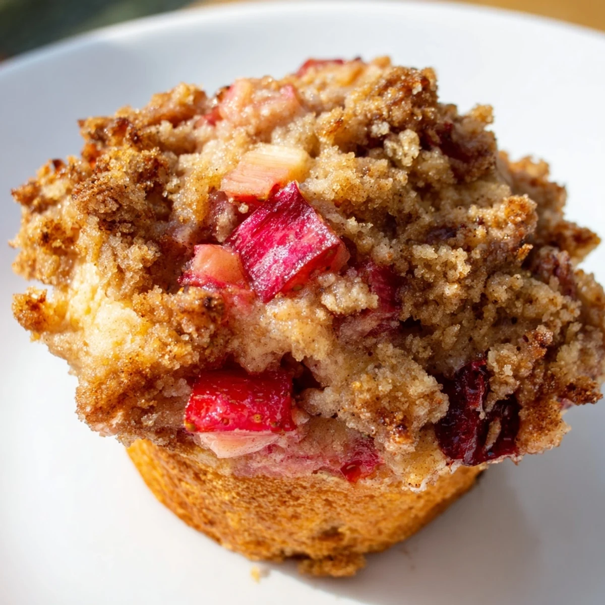 Golden brown Strawberry Rhubarb Muffins with Streusel topped with sugary crumbs, paired with a glass of milk on a sunny porch.