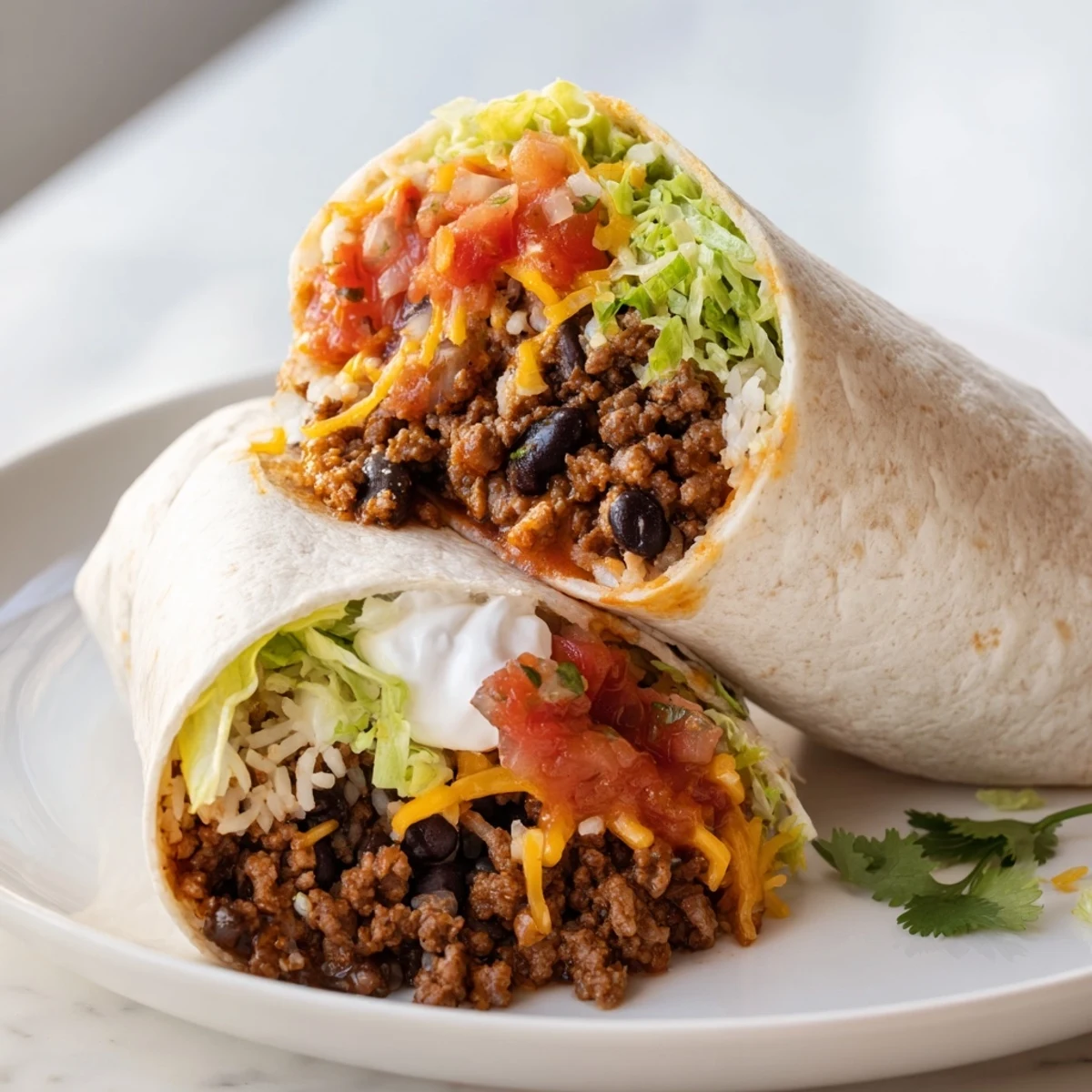 Un gros burrito au bœuf avec des haricots noirs et du riz, enveloppé dans une tortilla chaude et garni de fromage fondu.