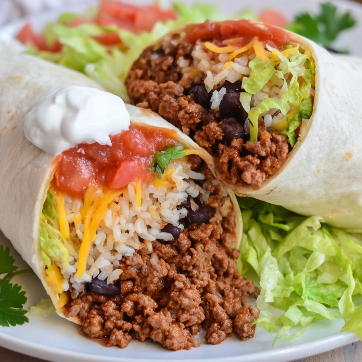 Image d'un burrito au bœuf ouvert, montrant une garniture de riz et haricots au fromage et salsa, tiède et appétissante.
