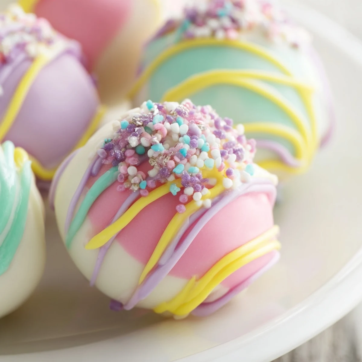 Des Easter Egg Cake Pops décorés de sucre pastel sur une assiette blanche.