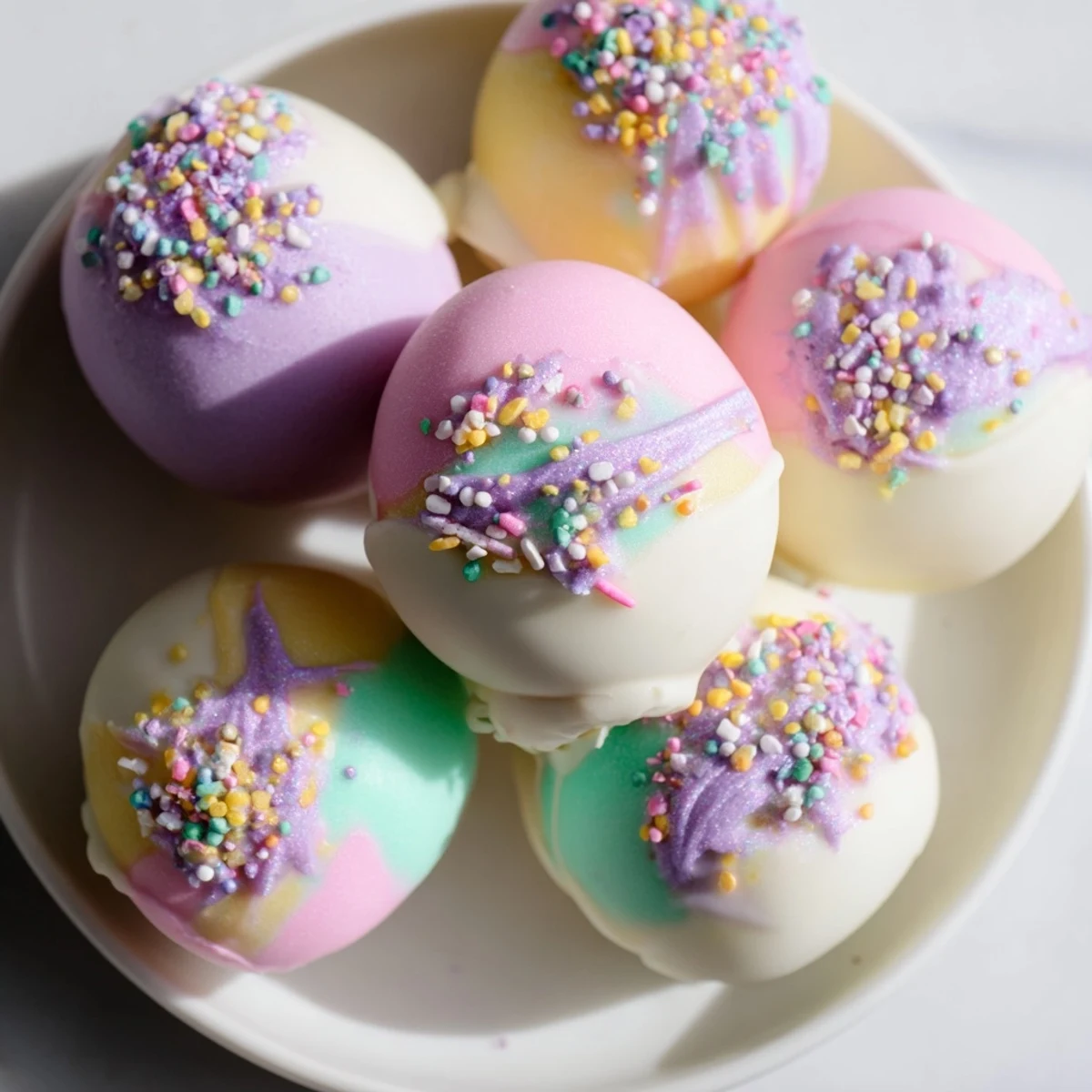 Une assiette de Easter Egg Cake Pops pour un goûter de Pâques festif.