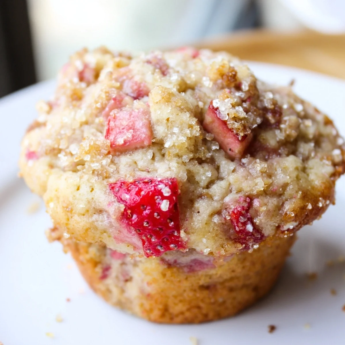 Des muffins frais aux fraises et rhubarb, légèrement croustillants sur le dessus et moelleux à l'intérieur, parfaits pour un pique-nique printanier