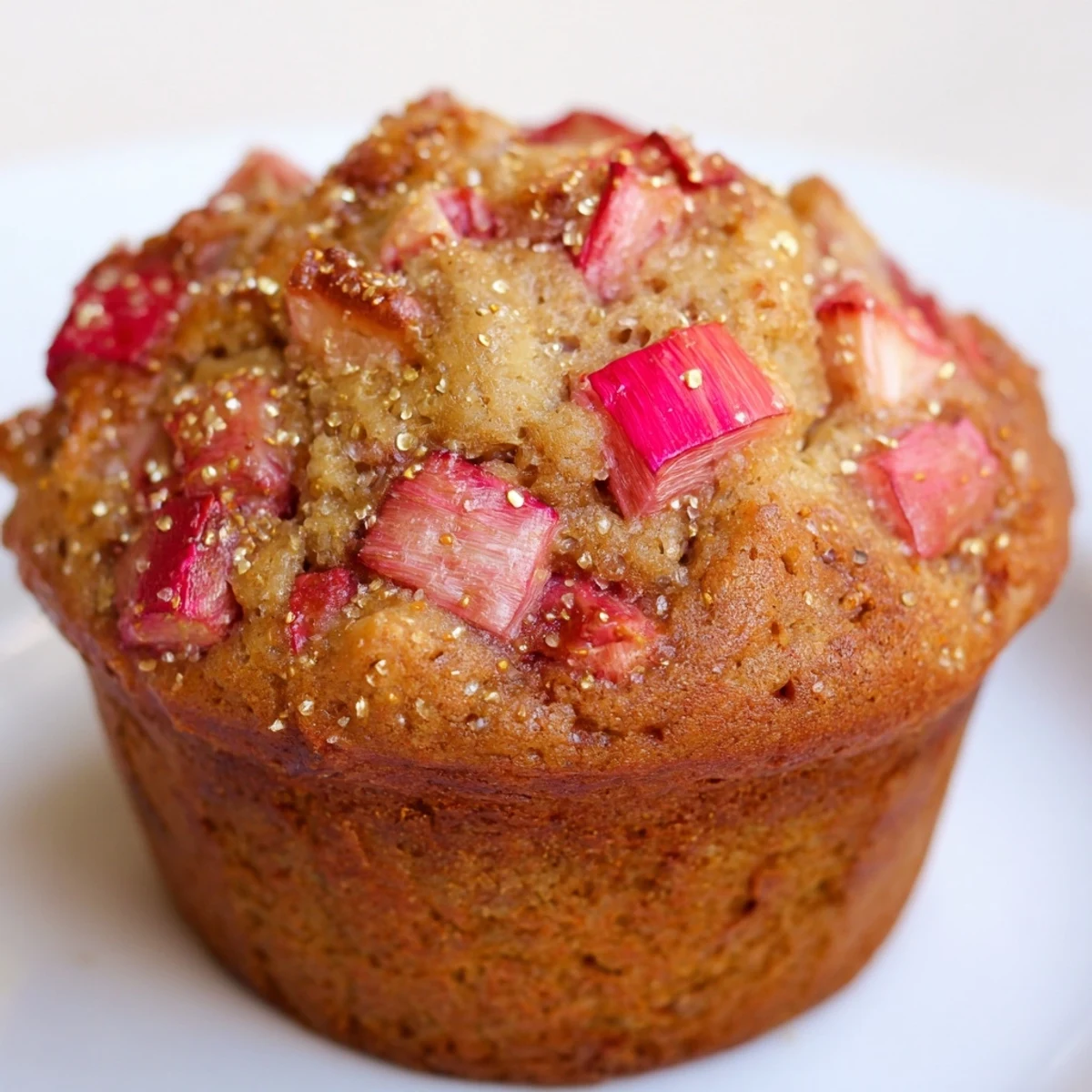 Muffins aux fraises et rhubarb dorés à perfection, avec des morceaux de fruits juteux visibles sur la surface caramélisée