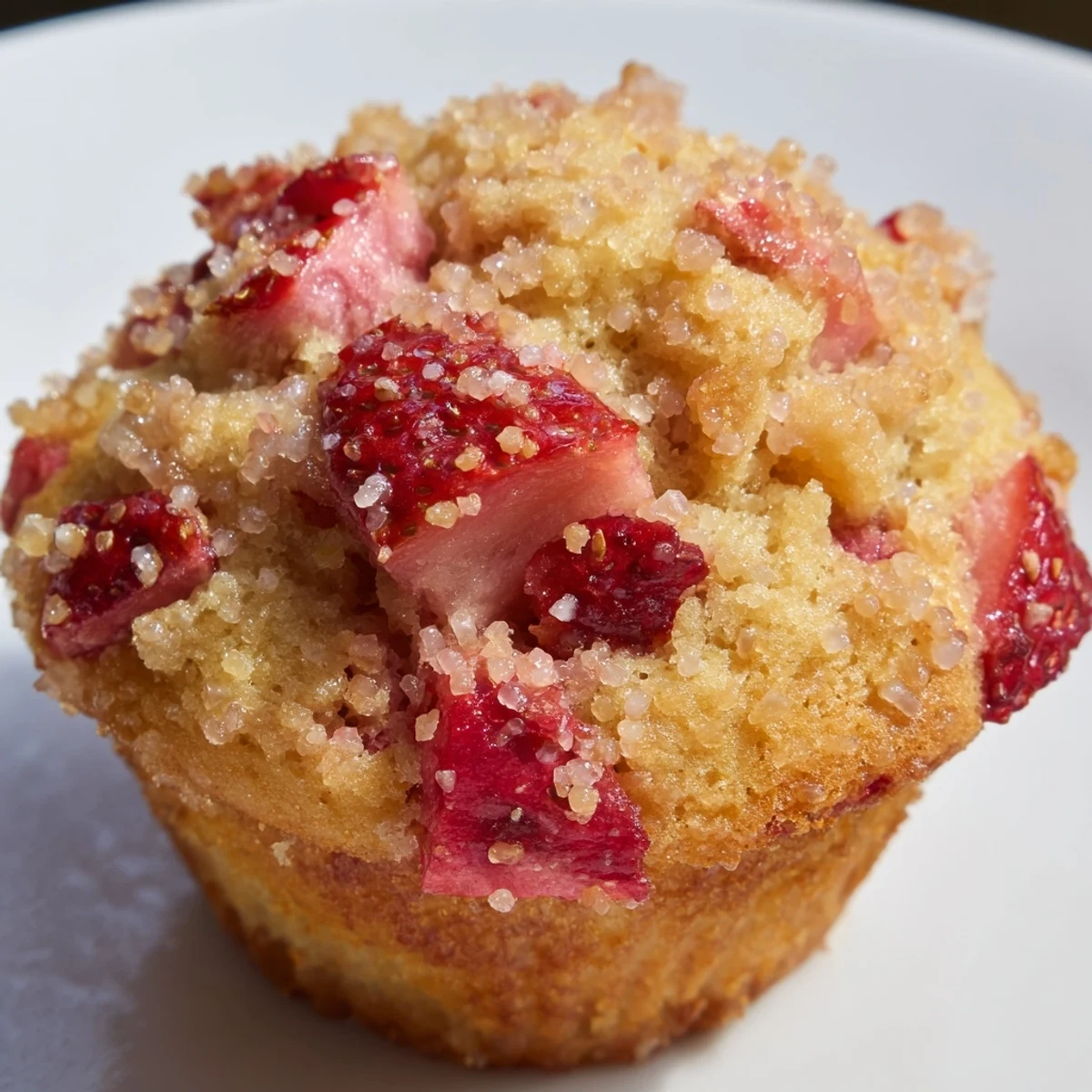 Une douzaine de muffins aux fraises et rhubarb encore fumants, disposés sur une grille de refroidissement avec des brins de sucre cru