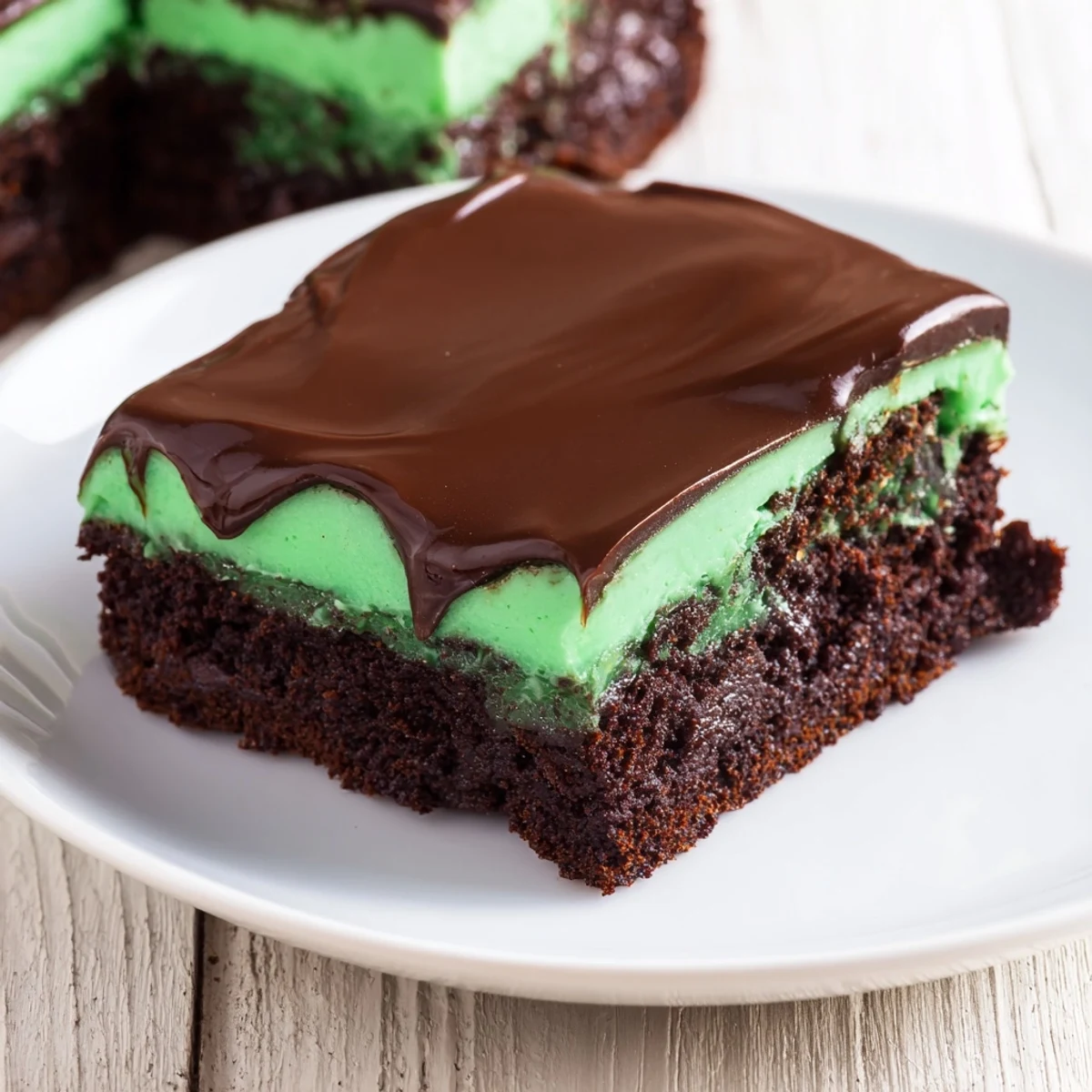 Close-up of fudgy Green Mint Brownies with a shiny chocolate ganache and creamy mint frosting, ready to slice.