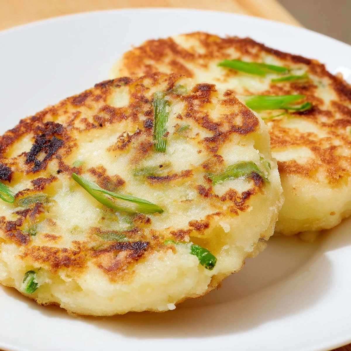 Golden, crisp Irish Potato Cakes with Scallions served warm with a pat of melting butter.